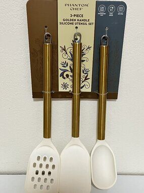 PHANTOM CHEF 3-PC Cream Golden Handle Silicone Utensils Set-NEW